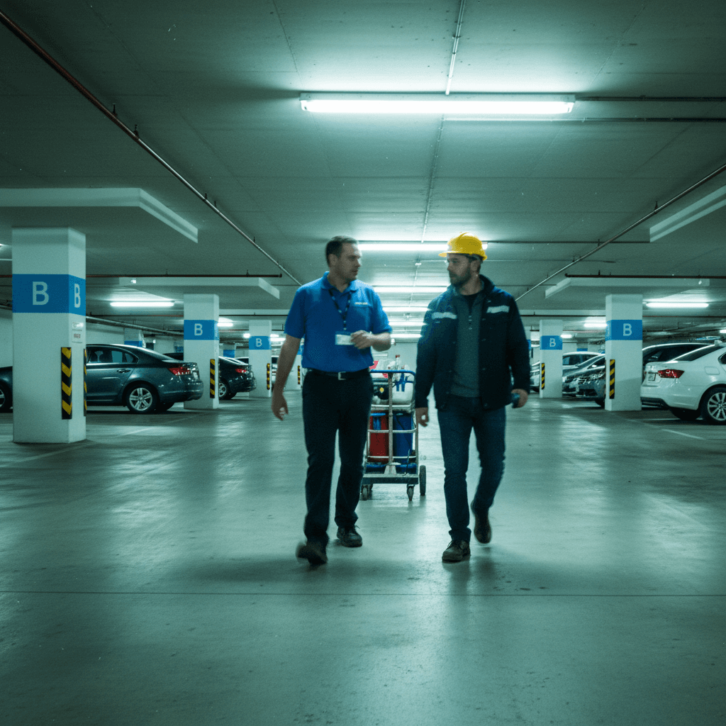 Integrated facility services crew at work across multiple service lines